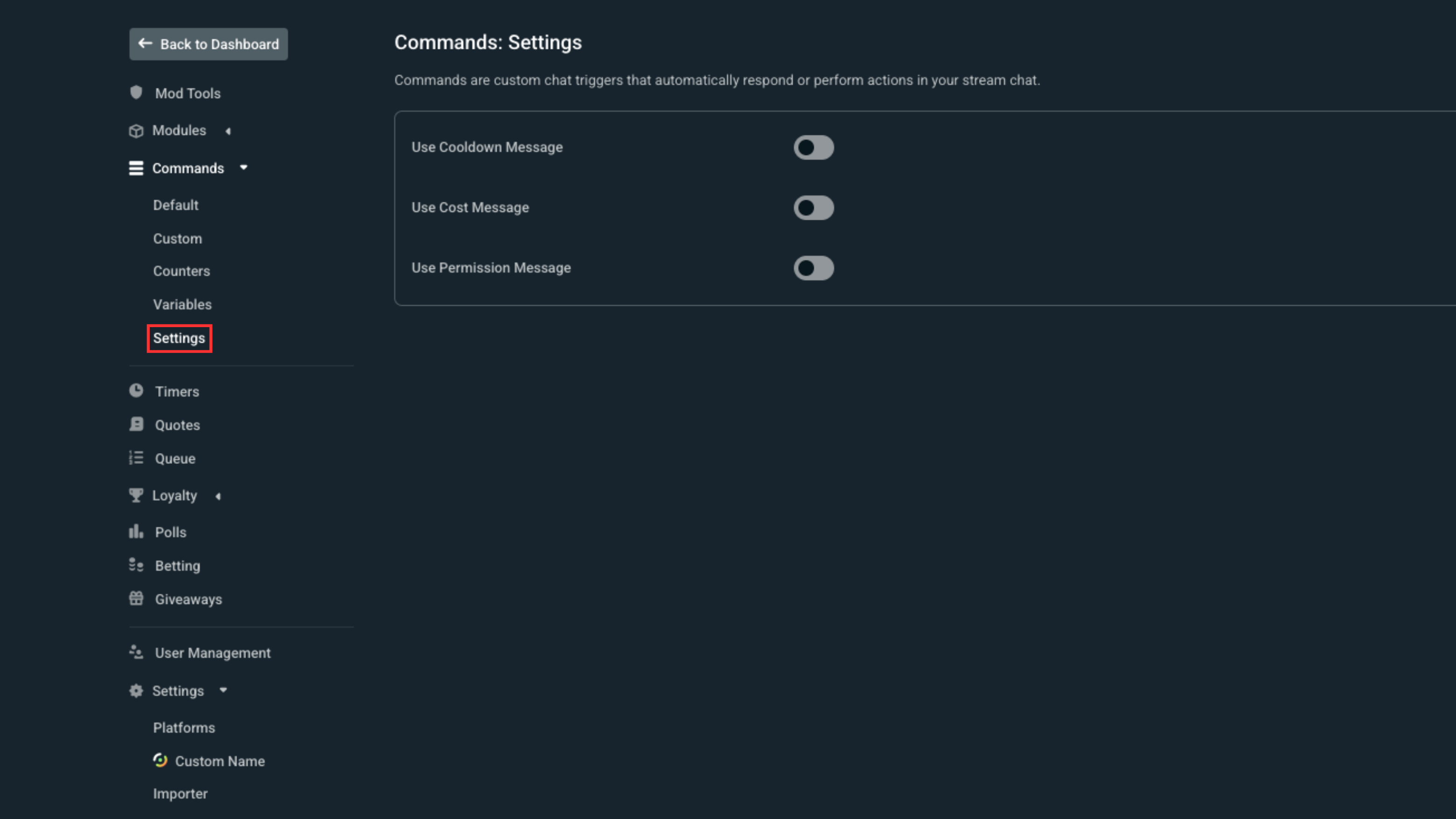 Commands Settings for Cloudbot